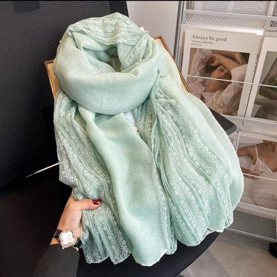 Eșarfă de Modă din Bumbac și In 180*90cm cu Garnitură de Dantelă, Eșarfă Șal pentru Patru Sezoane, Gaze de Plajă Lungă și Ușoară pentru Călătorie