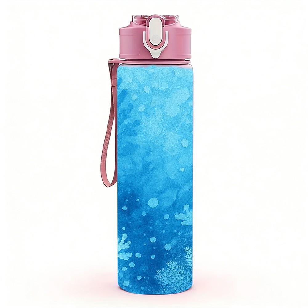 1PC Blue Frost Ice Crystal Texture Print 750ml Color Plastic Sports Water Bottle Leakproof Flip Straw Lid Suitable for Sports Office Home Use