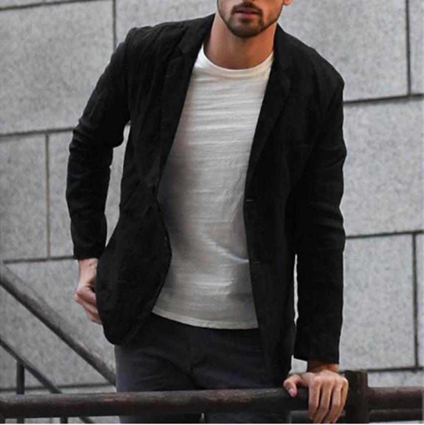 

Мужская повседневная куртка из хлопка и льна в европейском/американском стиле на весну/осень 2023 г. — свободный крой, длинные рукава. XXXL чёрный