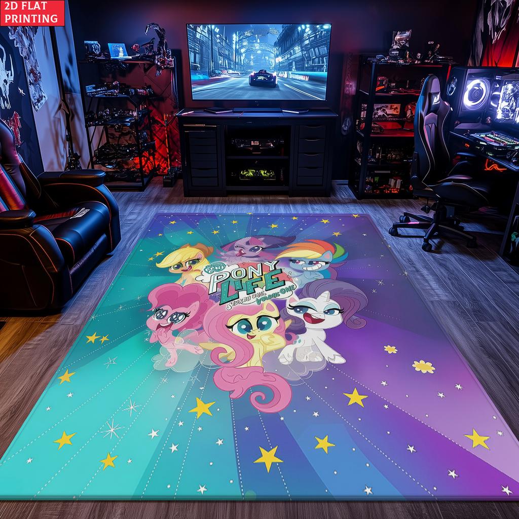 Cute Cartoon Pony Area Rug,Starry Gradient Theme Non-slip Floor Mat,Decorative Carpet for Kids Room Bedroom,Washable Home Gift