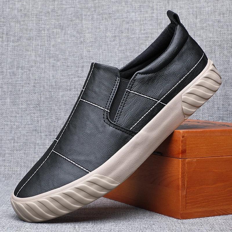 2024 Men Shoes Spring Autumn New Simple Fashion Leather Casual Shoes Slip-on Loafers Leather Flat Skate Shoes