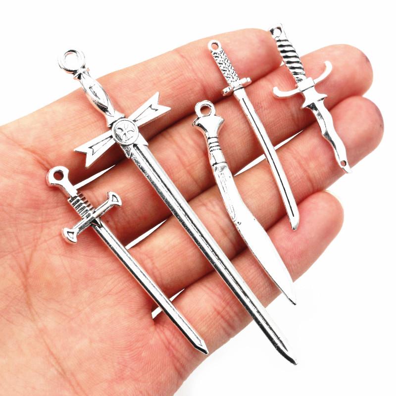 10 pezzi/lotto Ciondoli Lama di Spada Placcati Argento Antico Pendenti Accessori per la Creazione di Gioielli Fai da Te per Collana Componenti per Artigianato