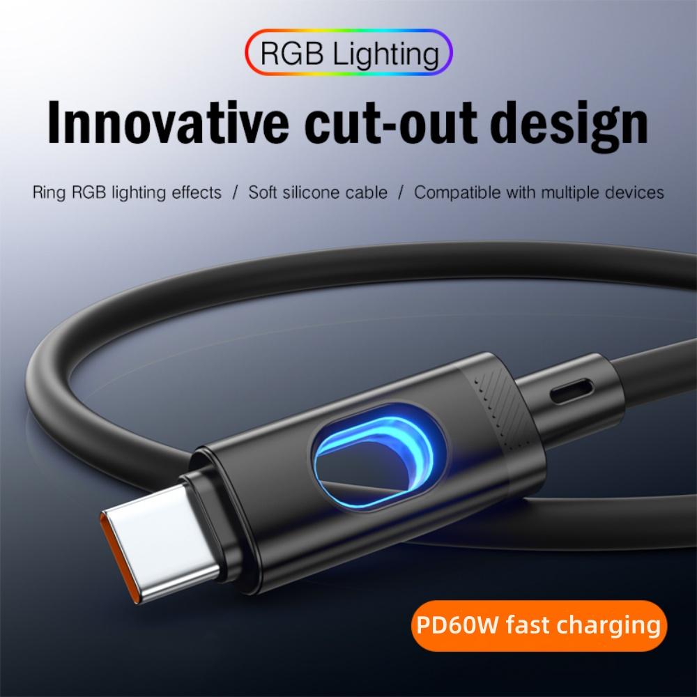 60W PD RGB Lighting Type-C To Type-C Cable Fast Charging Data Line for iPhone 16 15 14 13 Samsung Xiaomi Huawei 1M/2M Black