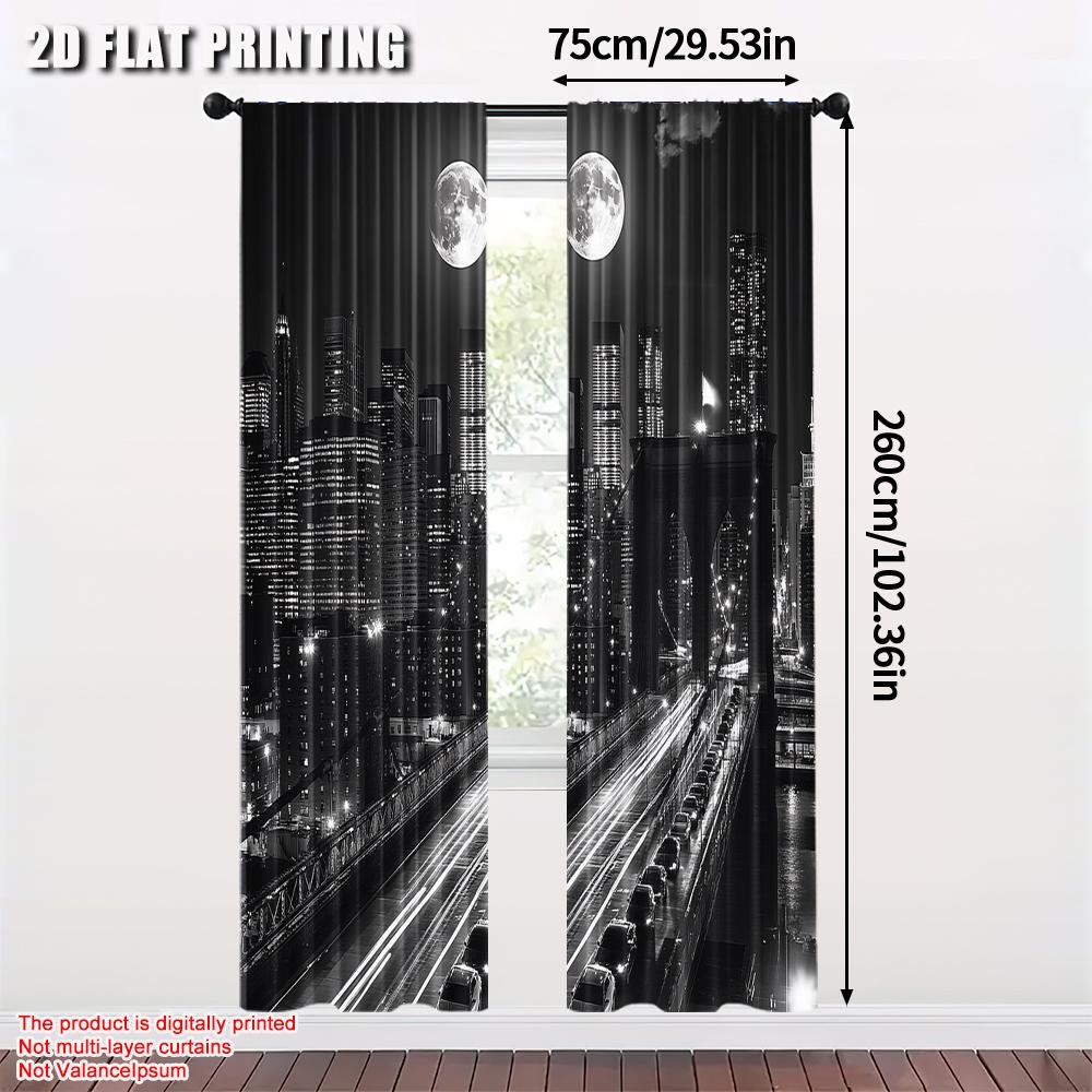 Set Of 2 Flat Printing Curtain Brooklyn Bridge Night Skyline Fabric Without Electricity Family Party Perfect Polyester Machine Washable