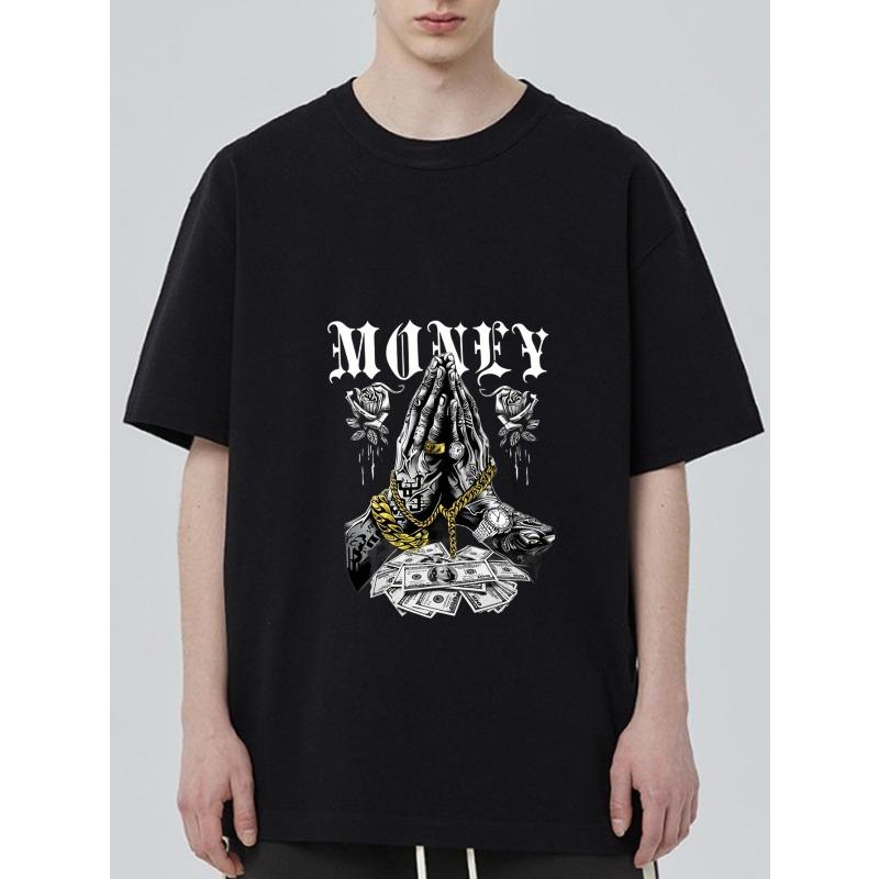 

Black T-Shirt Money Praying Hands with Gold Chain and Dollar Bills Graphic for Streetwear Fashion XXXXL чёрный