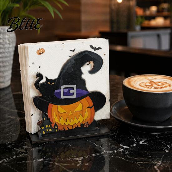 Halloween Napkin Holder Wooden Holder Ghost Pumpkin Decorative Tabletop Tissue Dispenser Desktop Paper Storage Organizer for Holiday Dinner