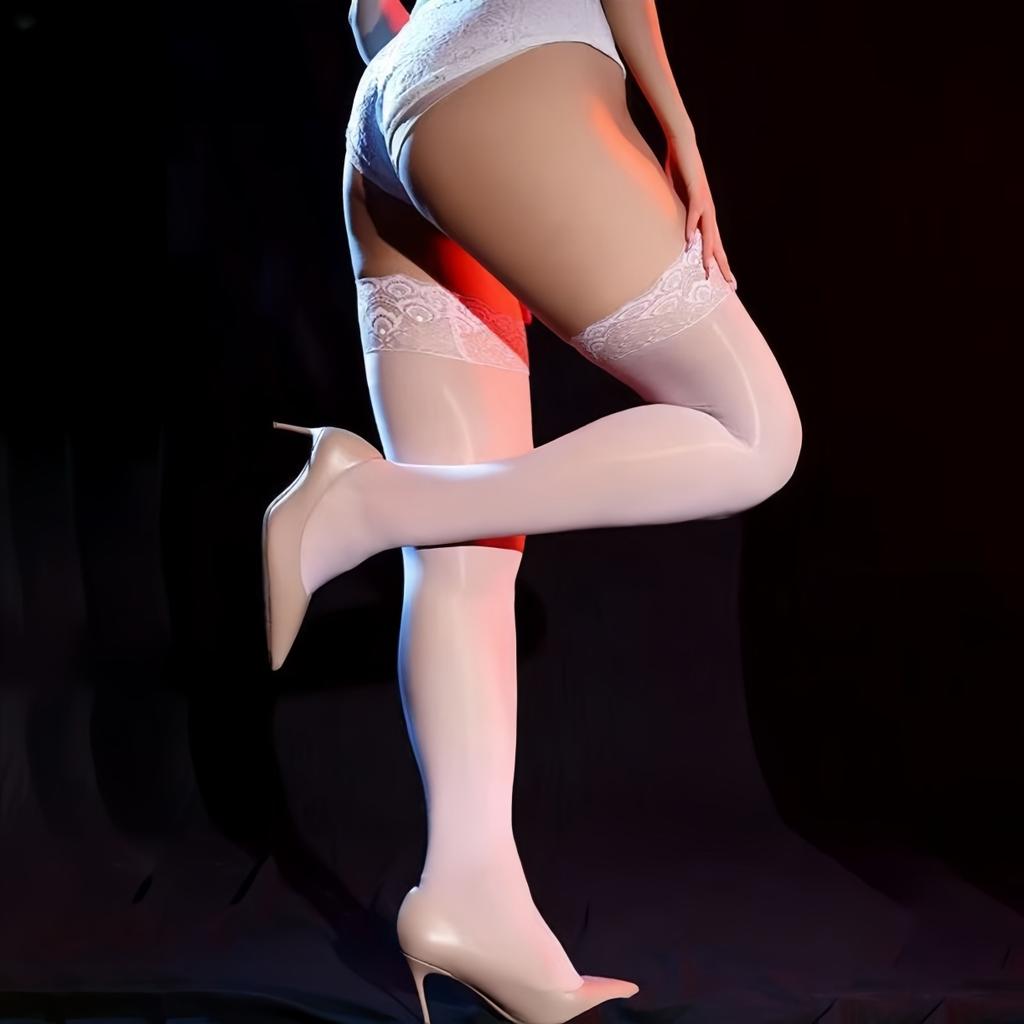 Ultra Thin Sexy Oil Shinny Black Lace Top Floral Silk Stockings Silicone Non-Slip Stay Up Thigh High Long Socks Hosiery Lingerie