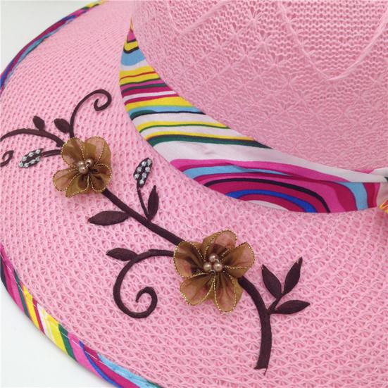 Ribbon Bowknot Decor Flower Stitching Sun Hat Foldable Wide Brim Floppy Straw Hat Costume Accessories