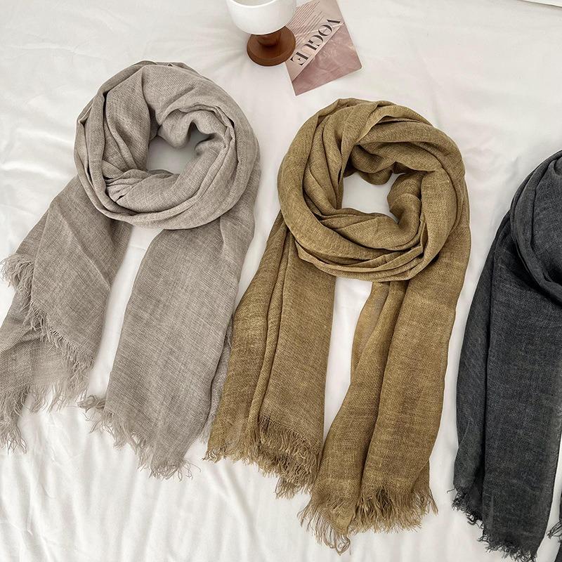 Autumn and Winter Scarf Women's Yarn Scarf New Casual Versatile Solid Color Breathable Rough Edge Warm Scarf Shawl Silk Scarf