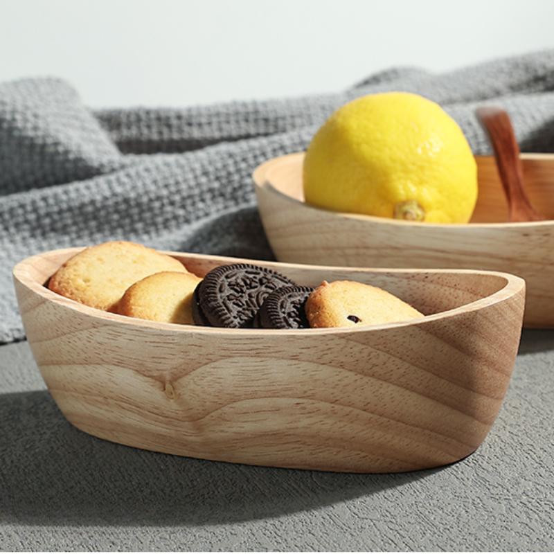 Japanese Boat-shaped Wooden Bowl Salad Bowl Fruit Dessert Bowl Large Wooden Tableware Natural Material Thickened Anti-scald