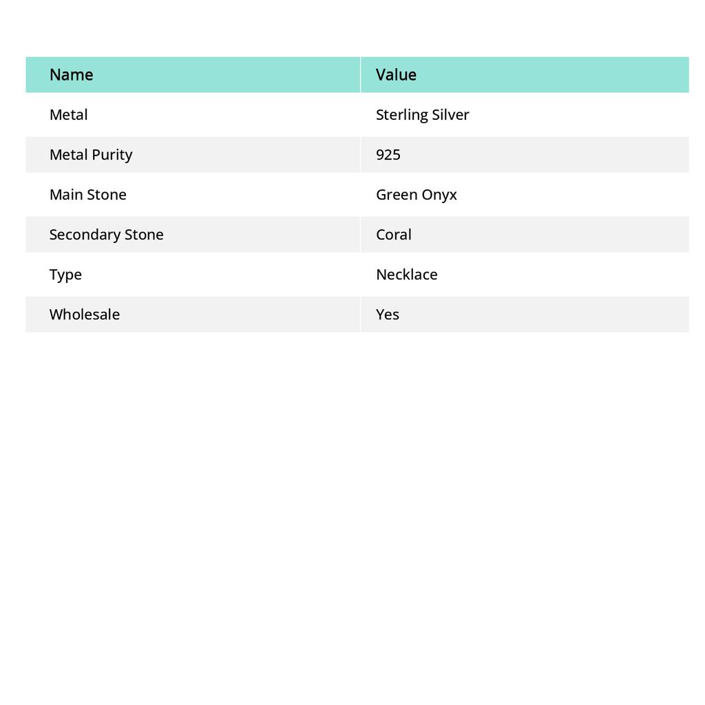 Green Onyx, Coral Gemstone 925 Sterling Silver Jewelry Necklace 18"