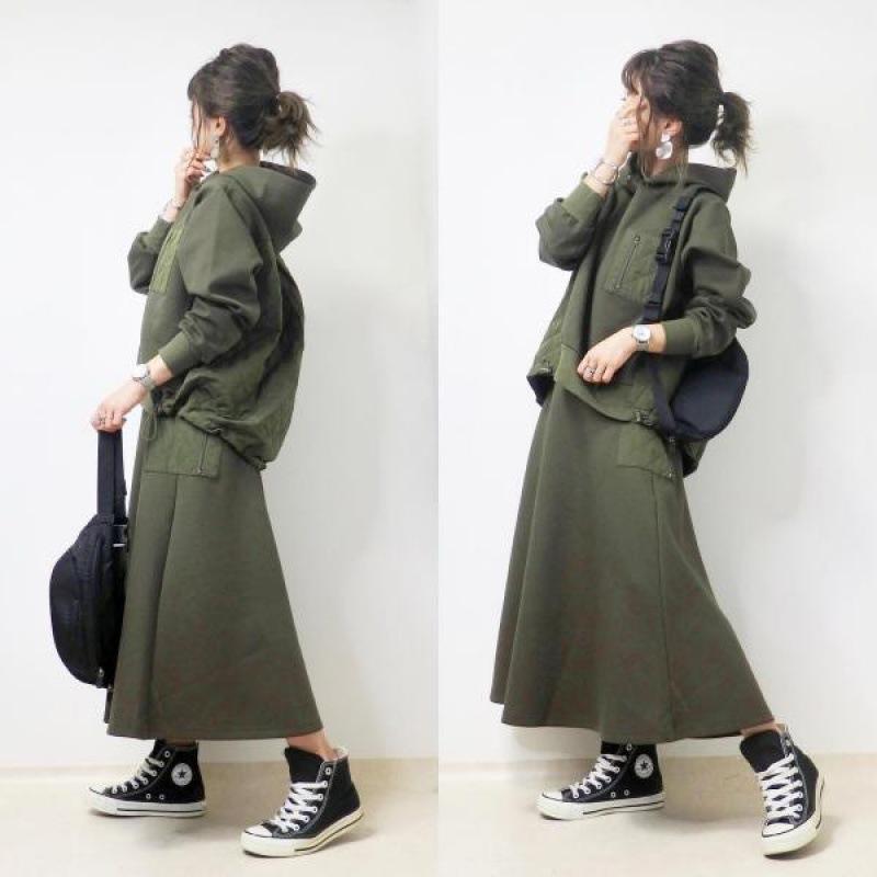 2024 Herbst/Winter Patchwork Sweatshirt & A-Linien Midirock Zweiteiler