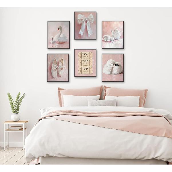 6Pcs Pink Vintage Swan Nursery Wall Art Ballerina Shoes and Bow Painting Picture Wall Decor Retro Tickets and Coffee Cups Preppy Posters Prints