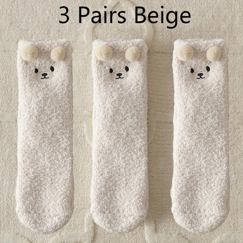 3 Pairs Winter Socks Women Warm Fluffy Socks Bear Cute Animal Coral Fleece Kawaii Fuzzy Socks Thicken Home Sleep Floor Socks Ins