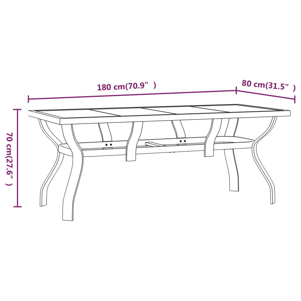 Garden Table Black 180 X 80 X 70 Cm Steel and Glass
