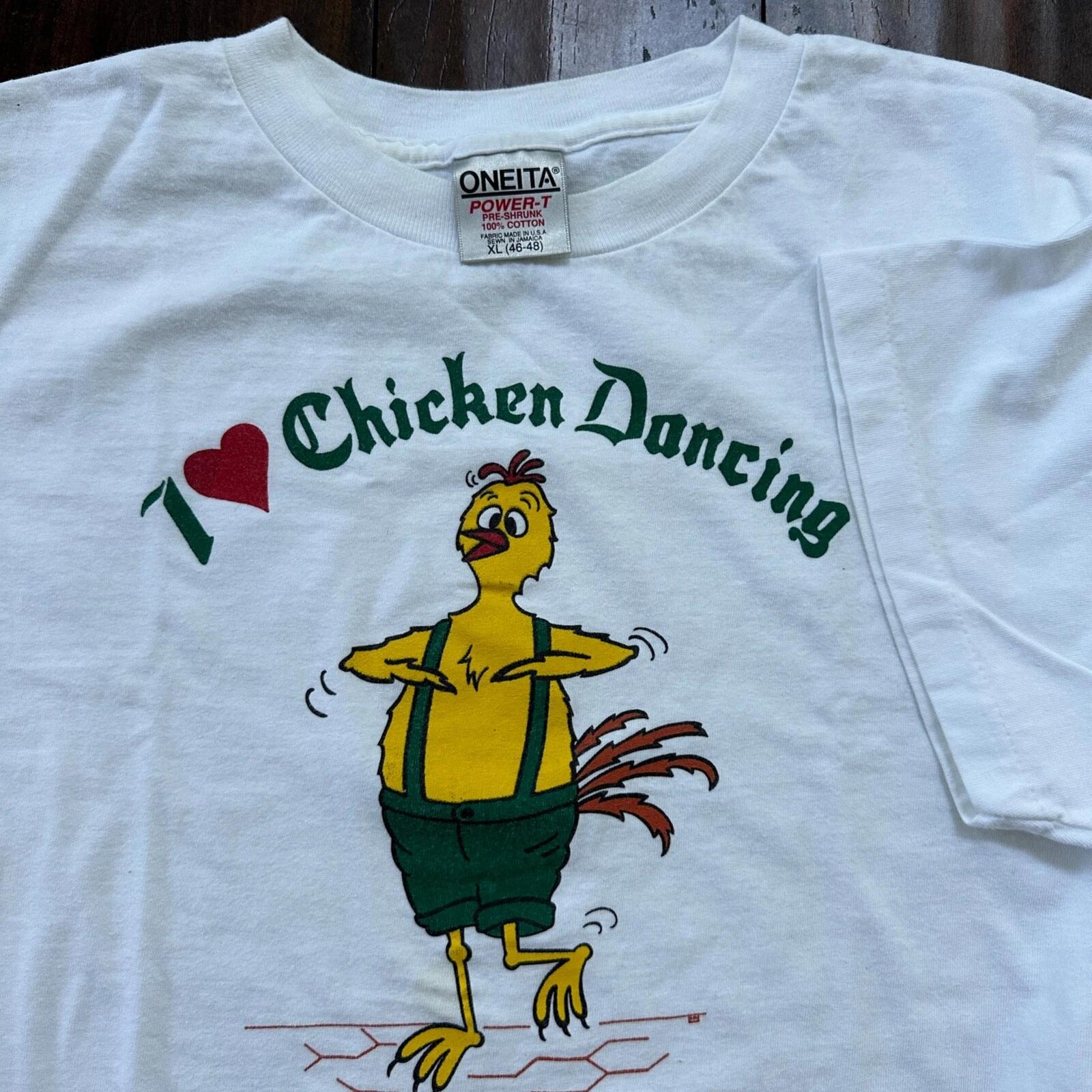 Oneita Chicken Dance Funny VTG T Shirt Oregon Humor Animal Farm 90s Oktoberfest XL