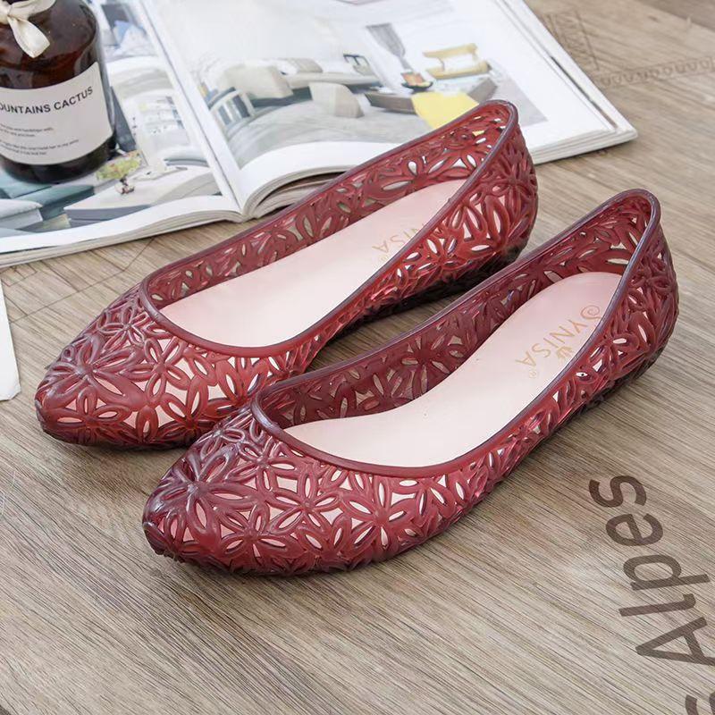 Women's Summer New Flat Sole Jelly Sandals Pointed Toe Hollow Out Shallow Slip On Injection Molding Beach Sandals Cave Shoes