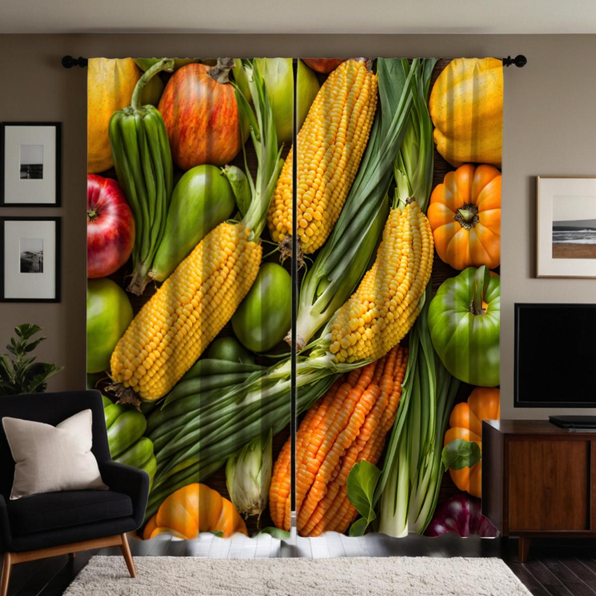 

Комплект из 2 предметов HD Праздник урожая кукуруза овощная занавеска зеленая завязка цифровая печать занавеска украшение дома стиль Украсьте гостиную r W52H63inchW132H160cm
