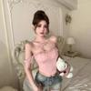 #Human cotton pure desire wind lace one-word shoulder neck bow with chest pad small T-shirt for women's summer spice girls outside