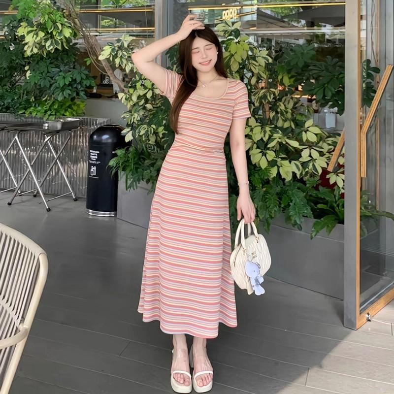 

New French design pink striped dress women s clothing summer super beautiful pear shape body dress M