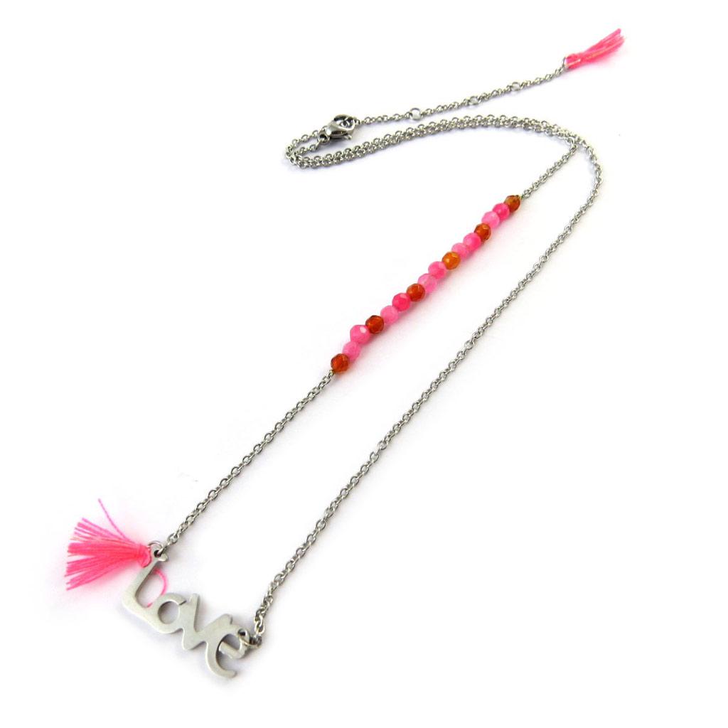 Les Trésors De Lily [N7075] - 'Love' Steel Necklace Pink Silver Gray