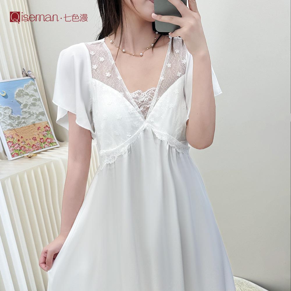 French elegant lace ice silk nightdress for women, summer long high-end short-sleeve loungewear with padded breasts, princess-style pajamas
