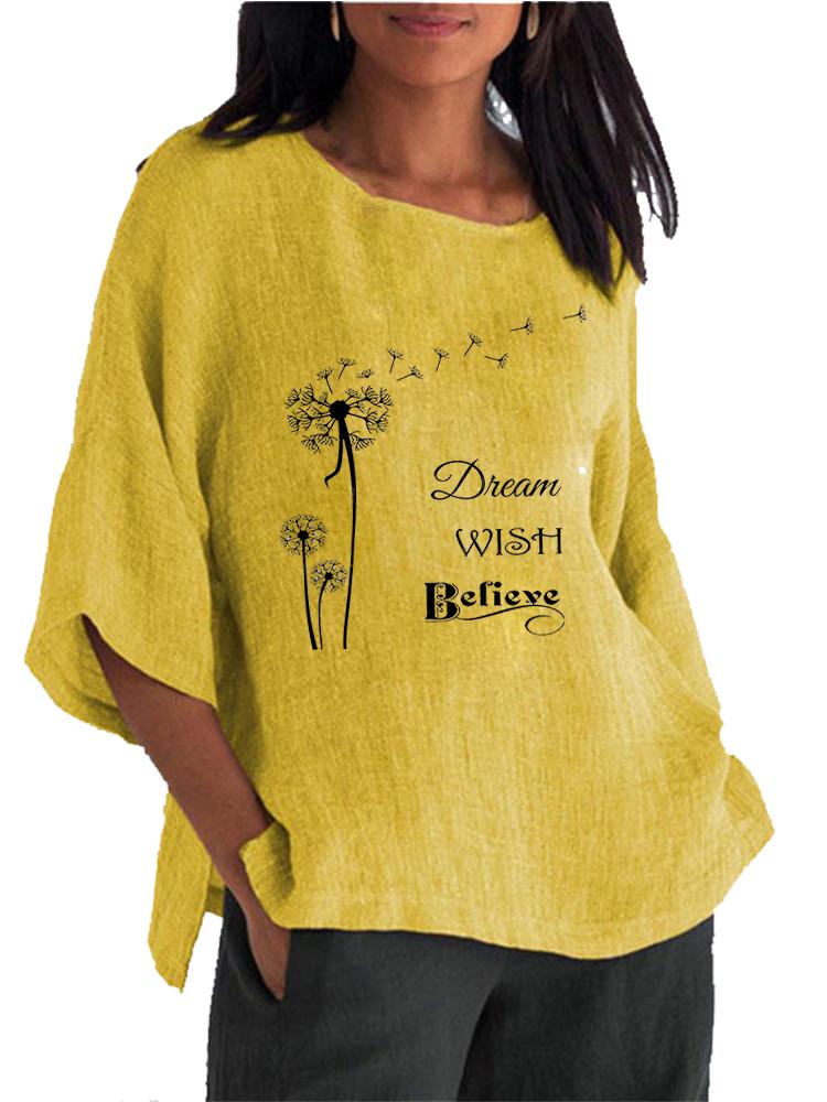 Women Fashion Round Collar Print Shirt Spring&summer 3/4 Long Sleeve Top Ladies Cotton Linen Blouse