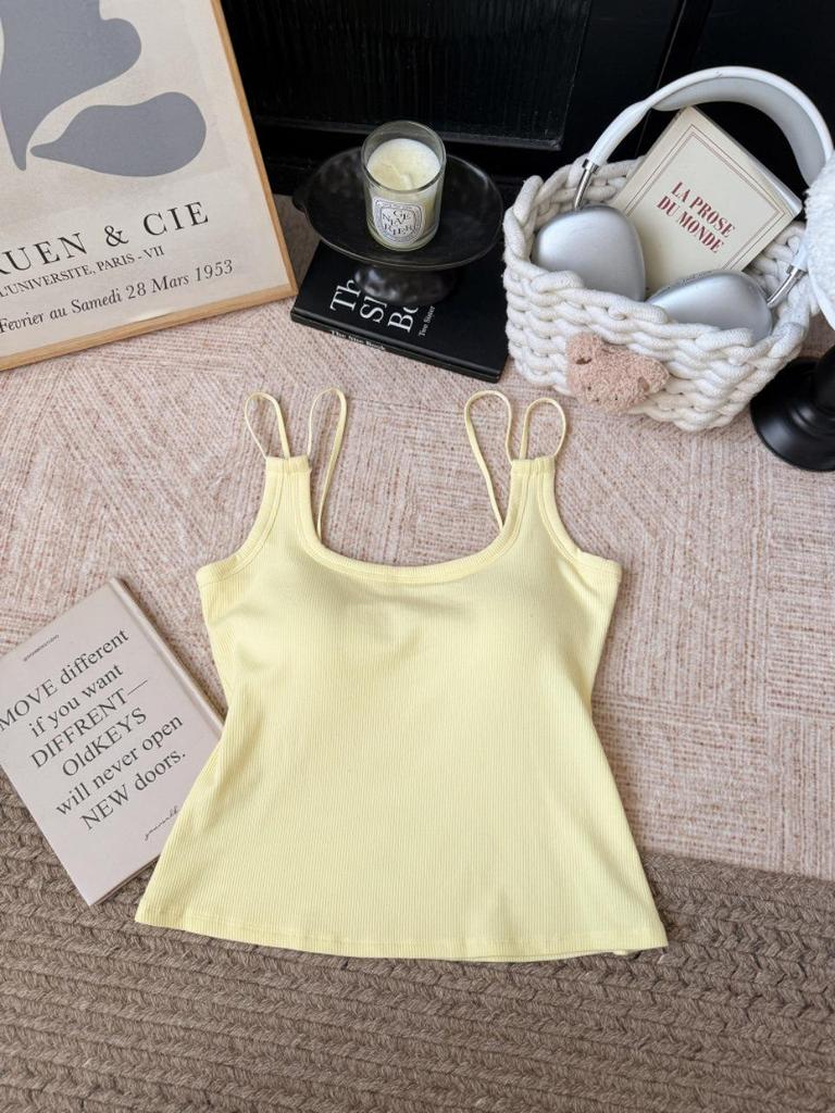 Korean Style Sexy Solid Color Padded Camisole with Double Shoulder Straps for Women - Comfortable One-Piece Inner Wear.
