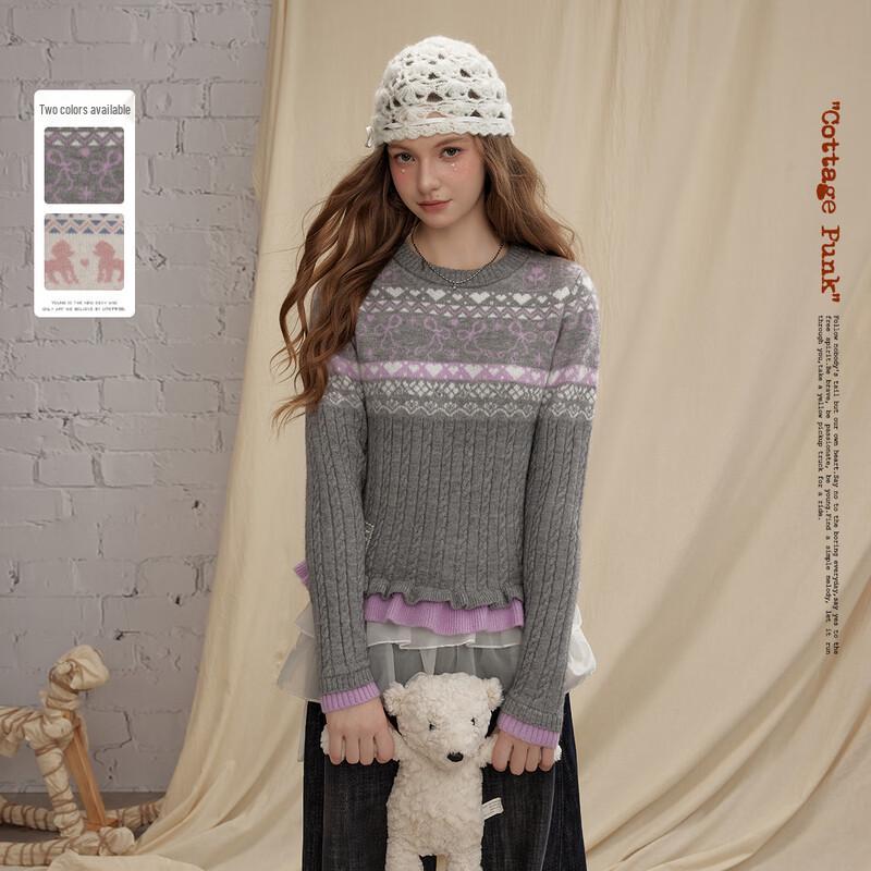 UNIFREE Fair Isle Ruffle Trim Long Sleeve Sweater