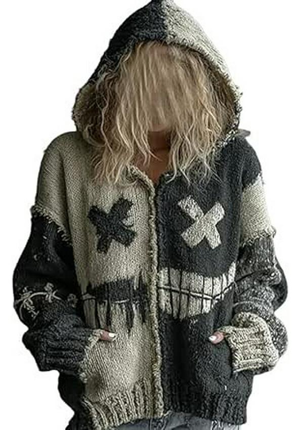Autumn/Winter Loose V-neck Drop Shoulder Women's Thick Knit Hoodie with Faux Fur