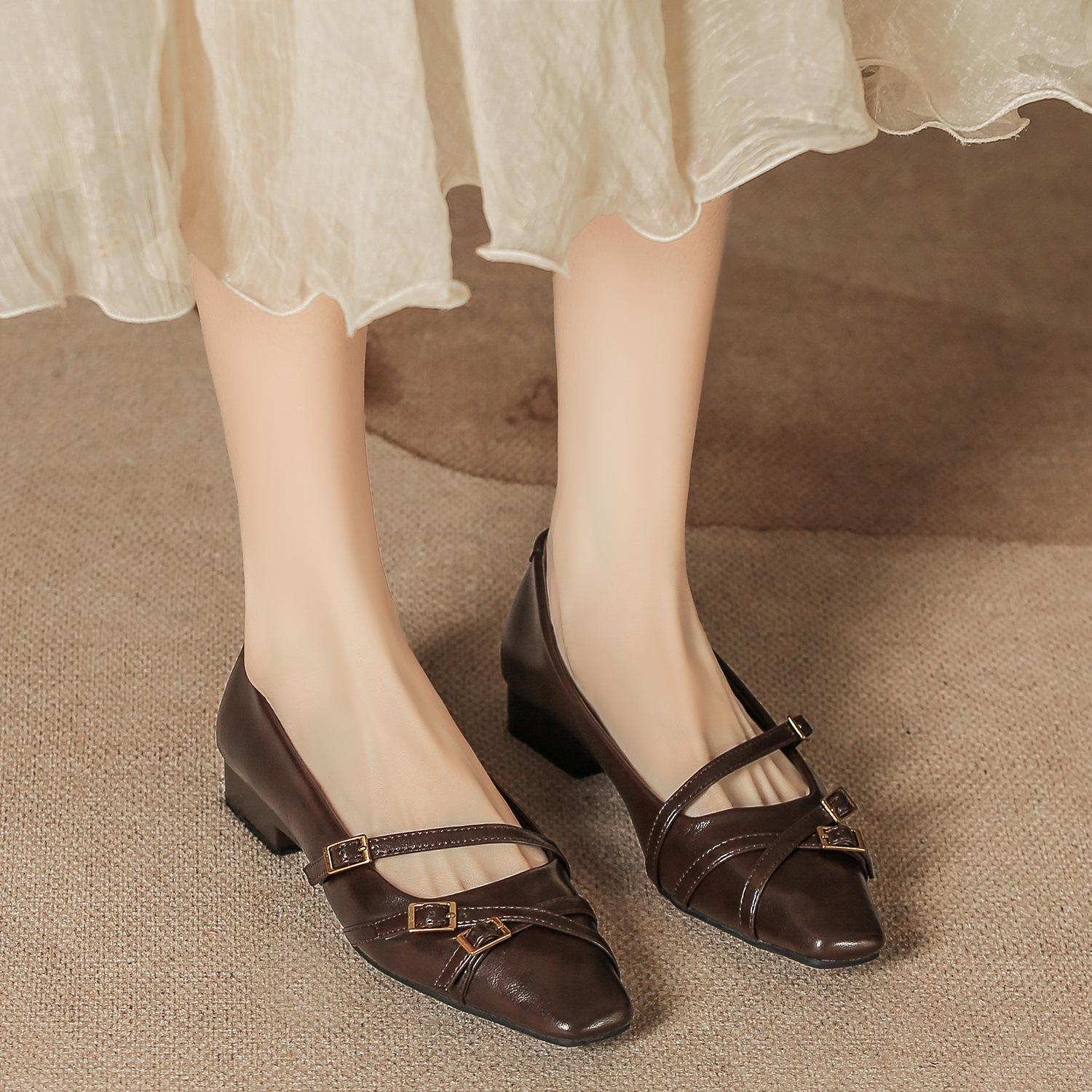 

H8563-7 ретро квадратный носок толстый каблук туфли Мэри Джейн женские осенние новые на одном ремешке с низким каблуком мягкая подошва не устают ноги туфли 40 тёмно-рыжий