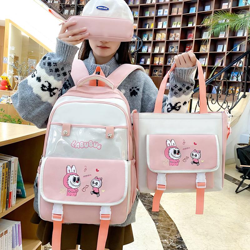 Primary School Student Schoolbag Cute Cartoon Backpack Simple Lightweight Backpack Large Capacity Primary and Secondary School Three Piece Set