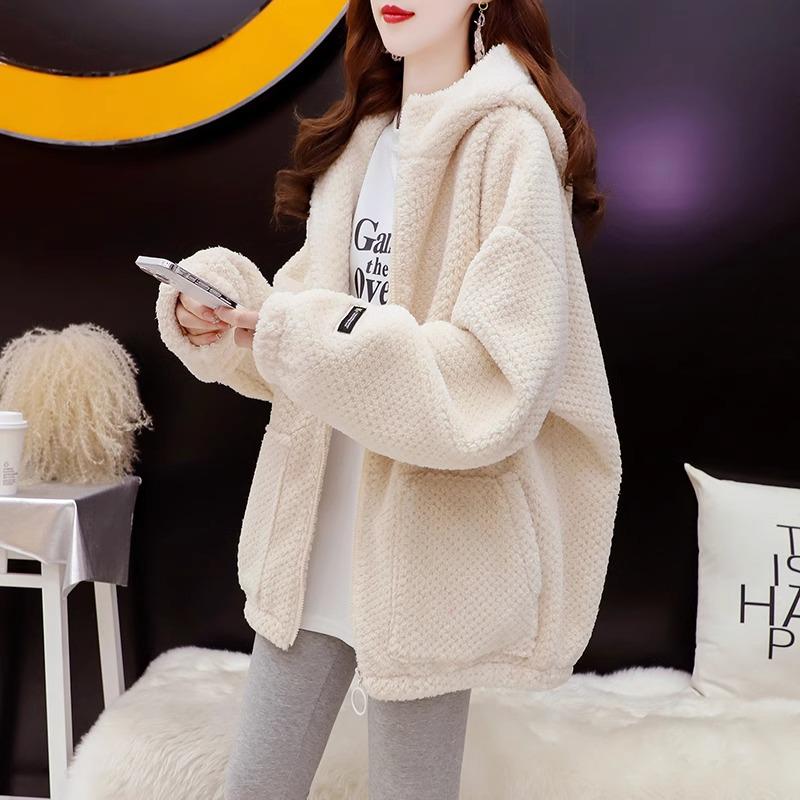 

Женский кардиган с капюшоном на флисовой подкладке: Пальто из овечьей шерсти свободного кроя Осень/Зима 2025 Large абрикосовый