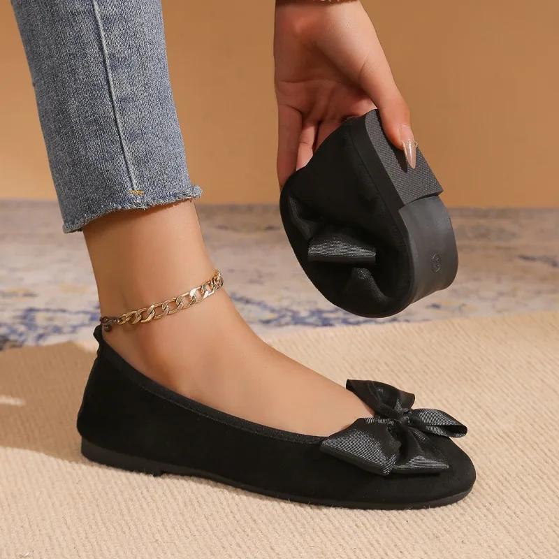 Spring New Flat Shoes Women Fashion Round Head Shallow Mouth Butterfly Suede Soft Sole Non-slip Wear-resistant Single Shoes