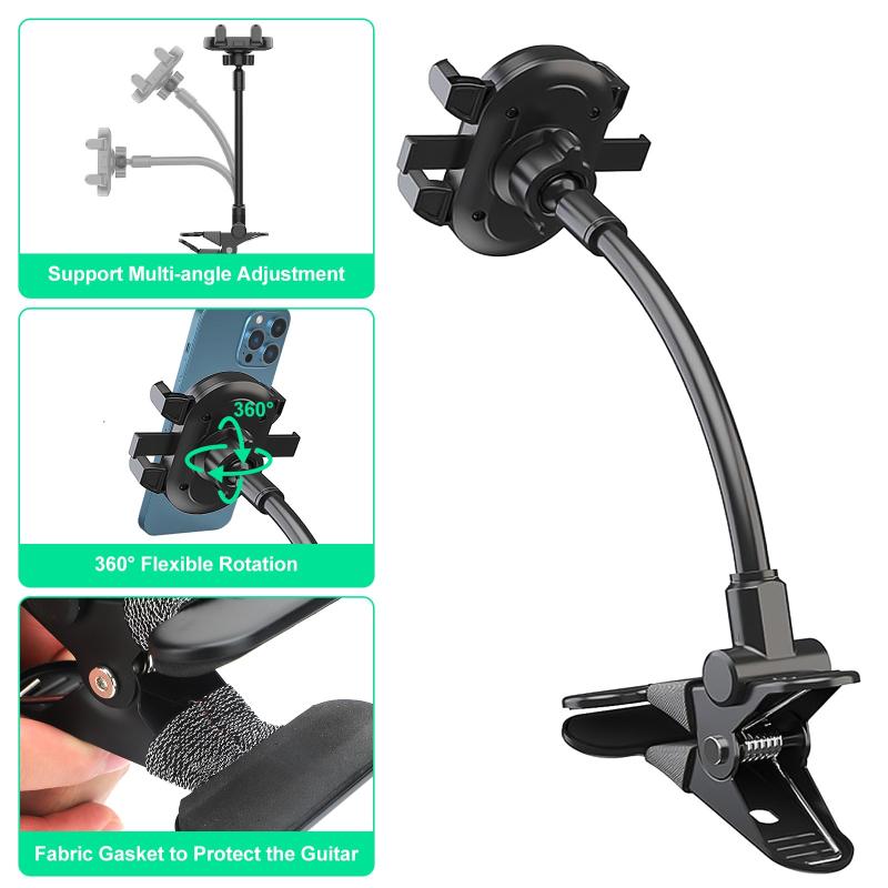 360° Rotatable Guitar Bass Phone Mount Clip Durable Stable Holder for Musicians Live Streaming Home Practice
