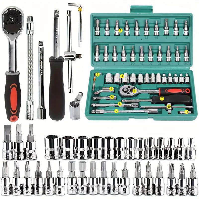 

Набор из 46 торцевых головок и ключей с храповым механизмом 1/4 с метрическими битами, удлинителями - прочная конструкция из алюминиевого сплава, идеально подходит для ремонта автомобилей чёрный