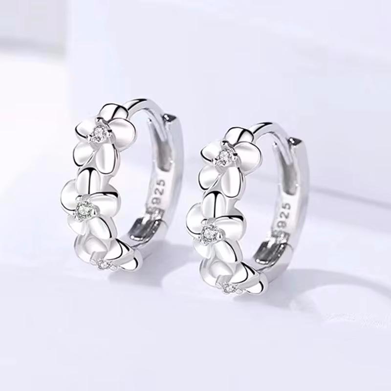 925 Silver Small Rose Flower Round Hoop Earring AAA Zircon For Women Female Charm Engagement Wedding Jewelry