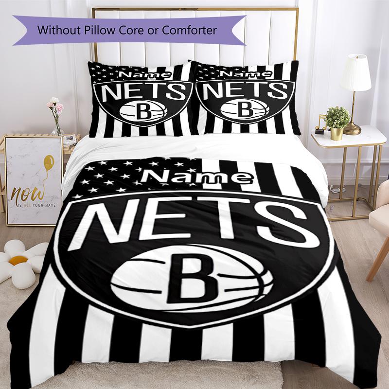 3pcs Custom Name Brooklyn Nets Bedding Set Duvet Cover Closure Includes 1 Duvet Cover & 2 Pillowcases, Soft and Comfortable for All Seasons.