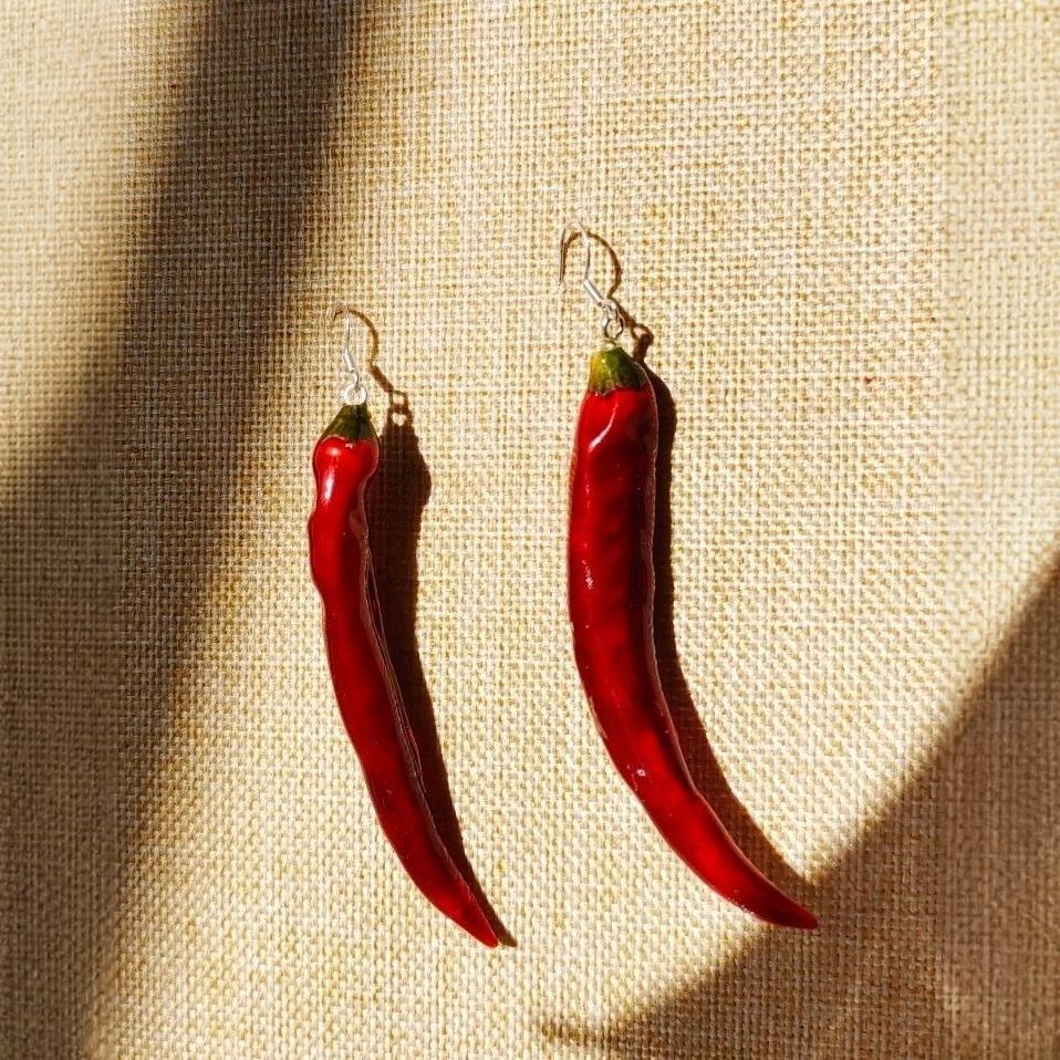 Chili Vegetable Epoxy Earrings: Handmade Ancient Hanfu Style with Real Dried Fruit Pendants