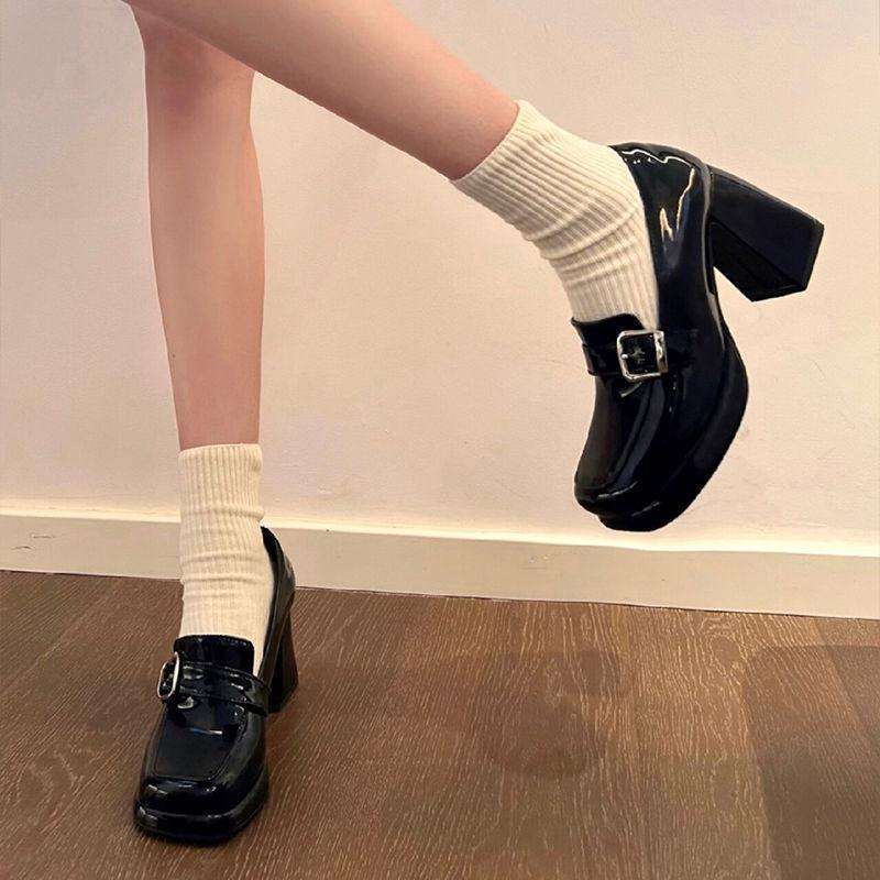 Not tired feet! Loafers 2025 spring square head thick heel metal buckle one pedal patent leather black belt buckle high heels