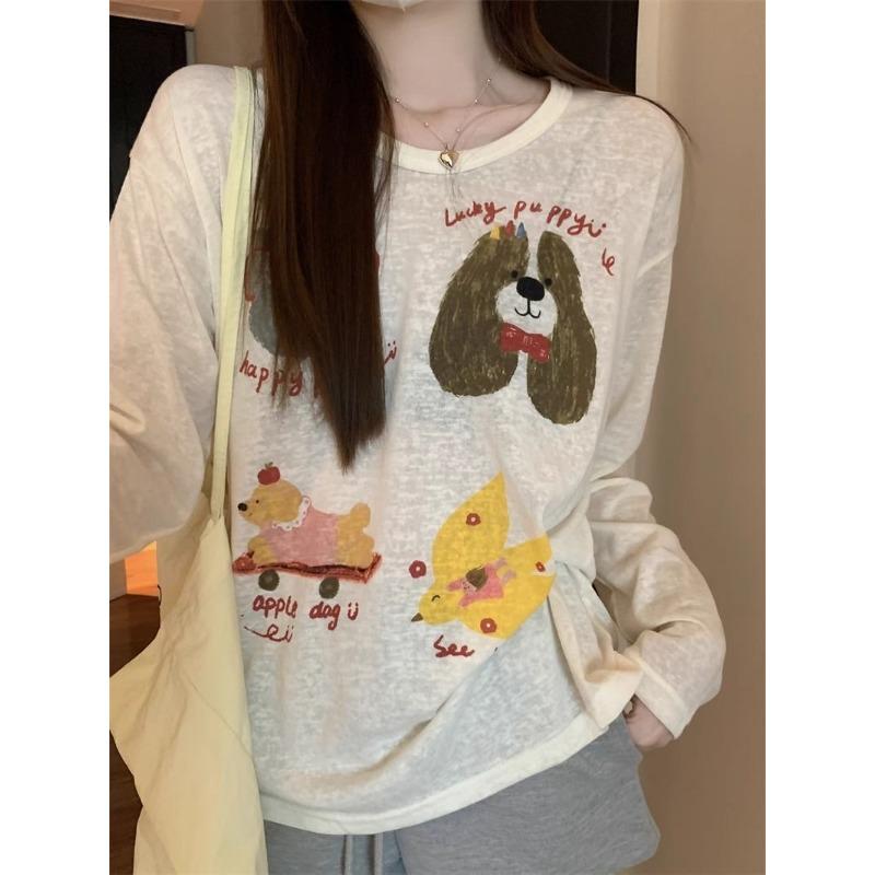 Loose Thin Sun Protection Long Sleeve T Shirt Cute Cartoon Dog Print Casual Top