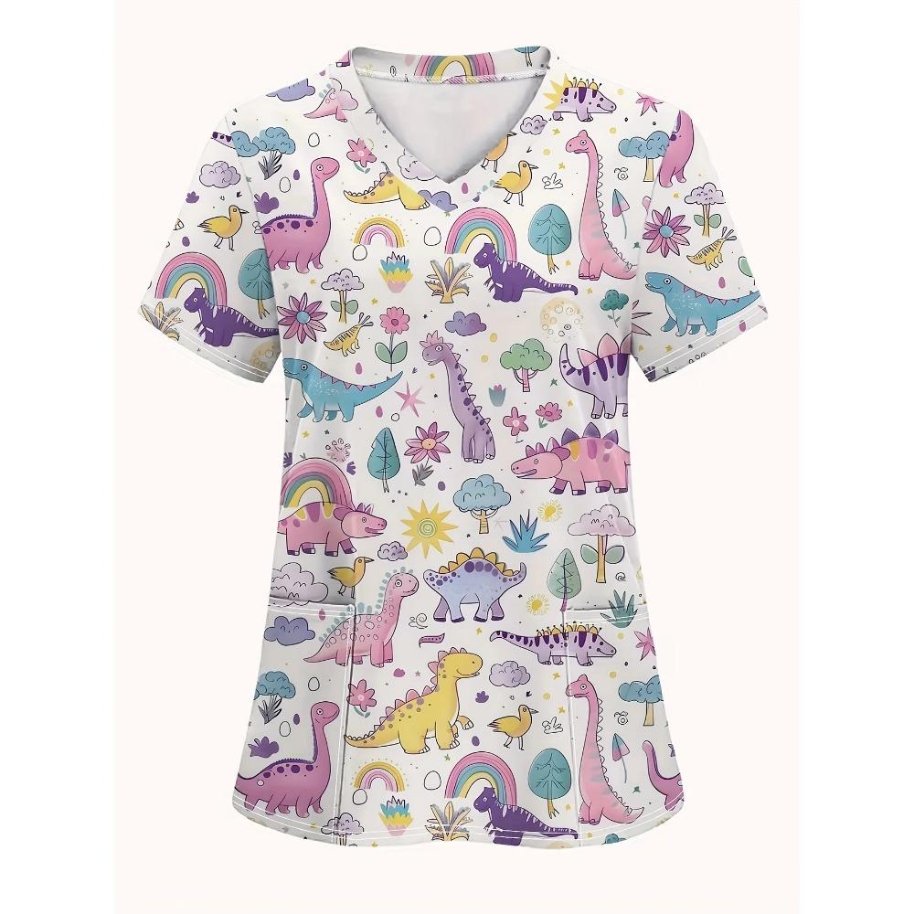 Surgical Uniforms Woman Women's Cute Cartoon Dog Print V-Neck Short Sleeve Top - Breathable Summer Shirt with Pockets