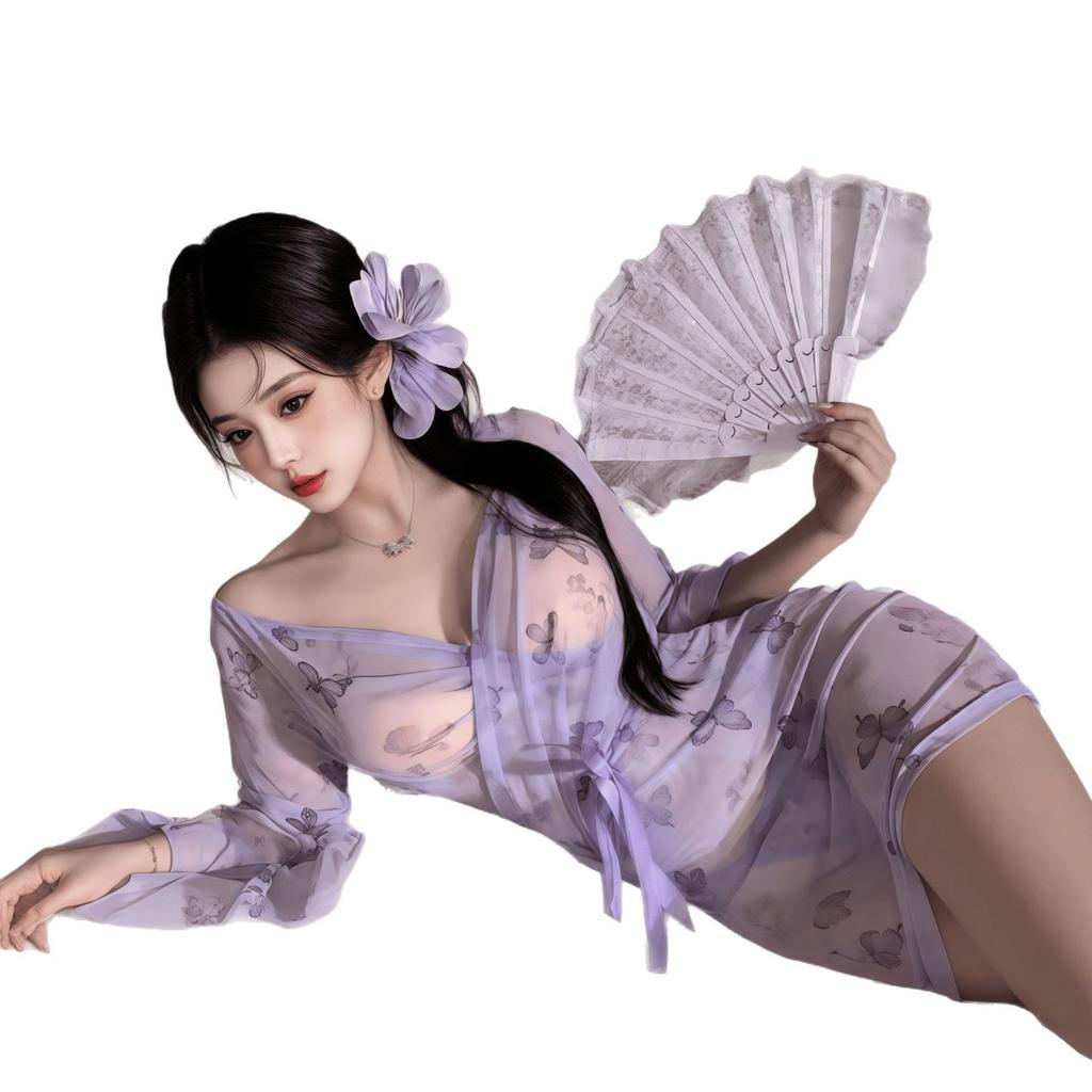 Sexy lingerie sexy butterfly print perspective lace-up deep V open kimono pajamas pure desire uniform suit