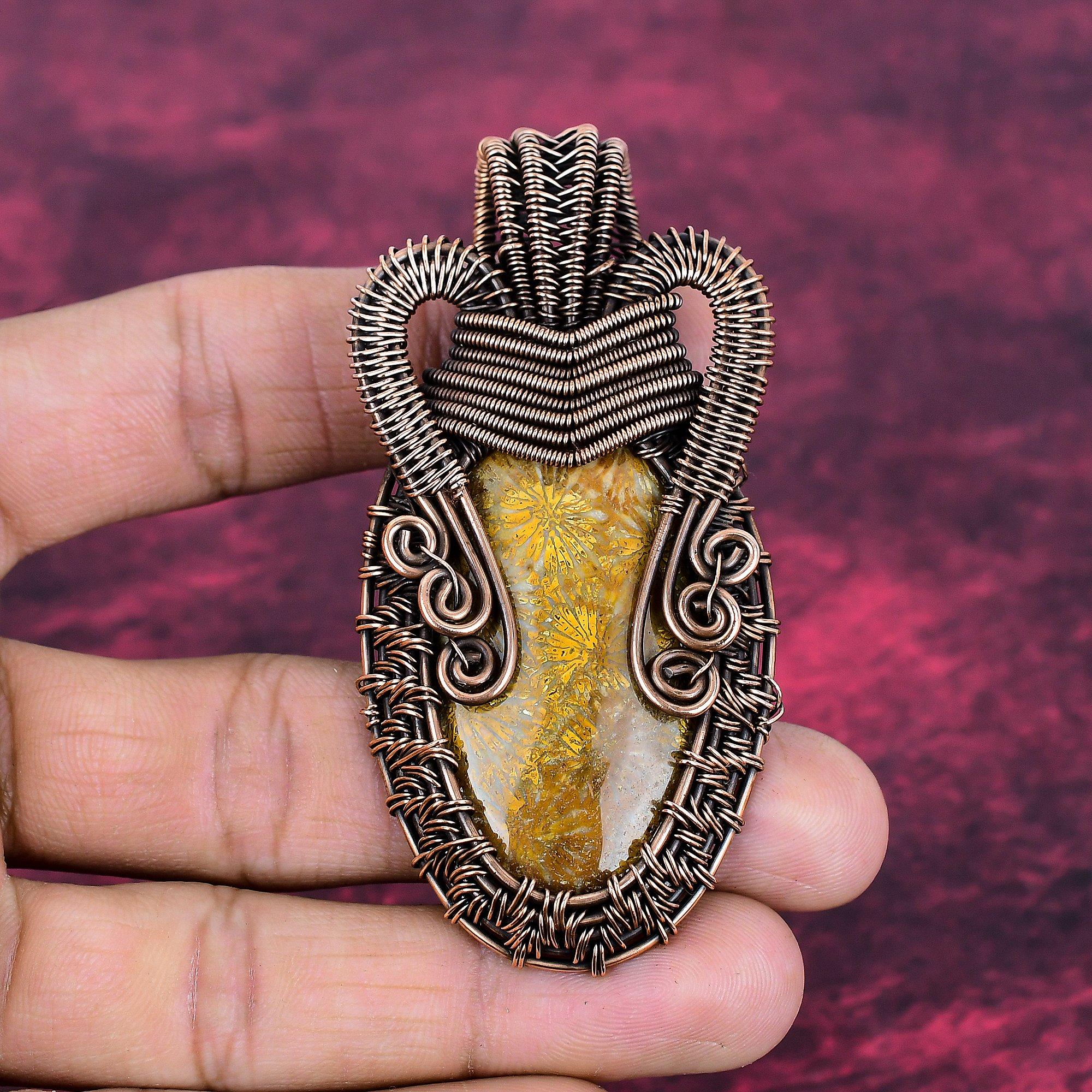 Fossil Coral Pendant Natural Gemstone Pendant Copper Wire Wrapped Unique Jewelry