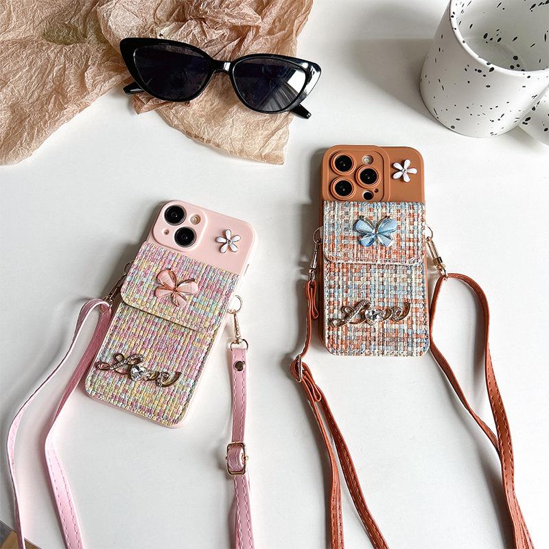 Applicable To Iphone16Promax Mobile Phone Case Apple 17 Butterfly Flower Plaid Change Bag Card Bag Messenger Rope 14