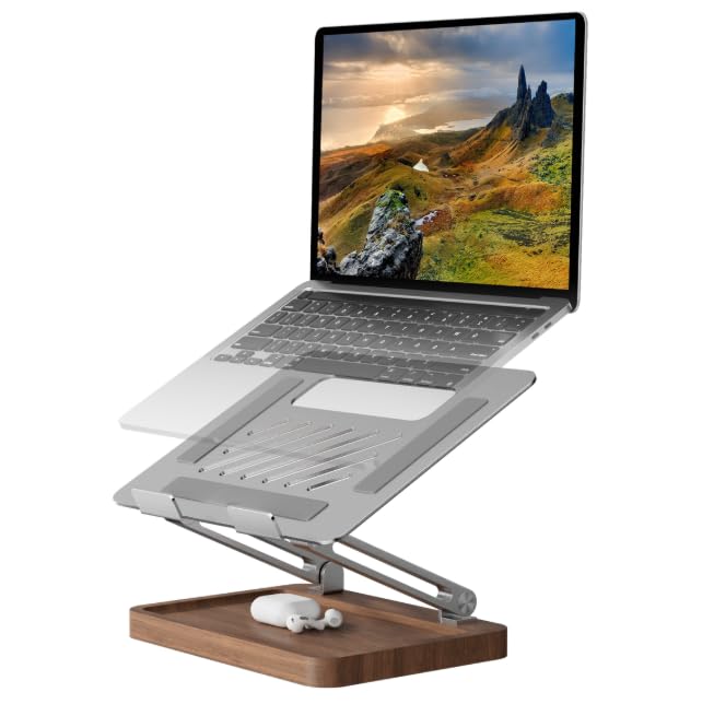 Muso Wood Wooden Laptop Stand for Desk, Laptop Riser with Walnut Storage Base, Adjustable Laptop Stand, Ergonomic Wooden Laptop Ventilation Stand for