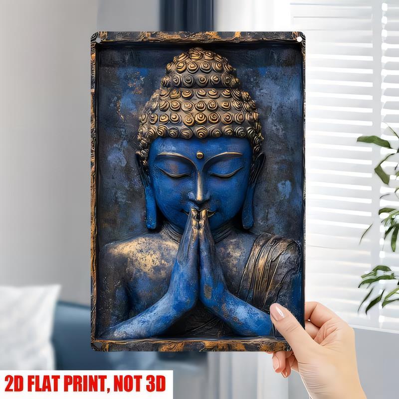 Tin Sign Buddha Meditation Head Blue Gold D Style D Print Vintage Metal Poster Wall Art Religious Home Decor Gift for Yoga Stu