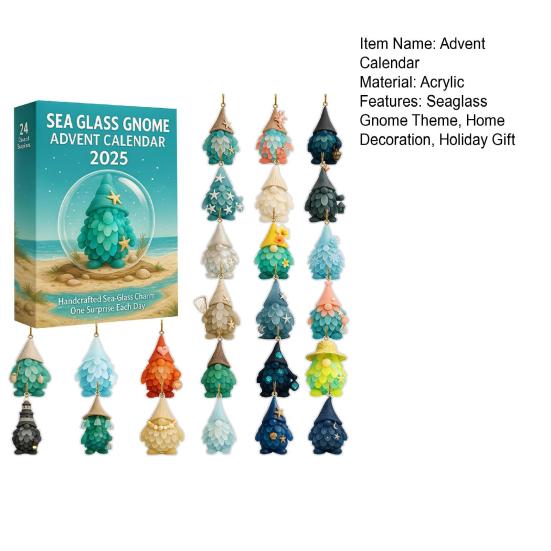 Seaglass Gnome Advent Calendar Box 24 Days Christmas Countdown Calendar with 24 Handmade Sea