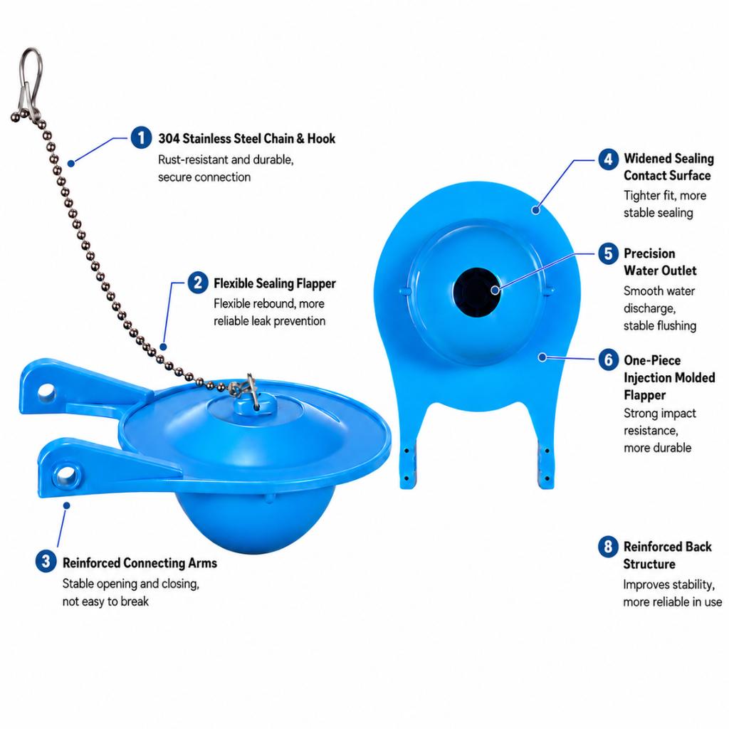 High Performance Water Saving Toilet Tank Flapper Pedal Flush Valve Stainless Steel Chain Flexible Seal Durable One Piece Design