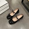 Light Mouth Square Head Small Leather Shoes One Word Thick Heel Single Shoes Bow 2025 Mary Jane Shoes Women'S Silver Spring New Models